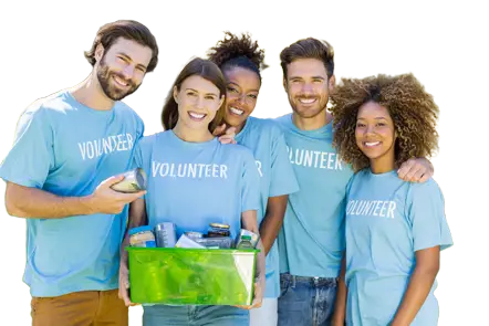 transparent group of adults in matching volunteer t-shirts holding a box of food